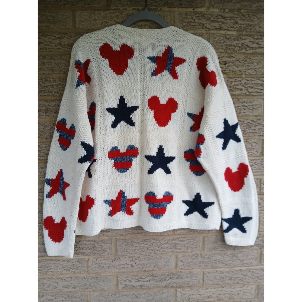 Vtg Walt Disney World Women's Patriotic Mickey Mouse Knit Cardigan Sweater Sz XL - Picture 2 of 6